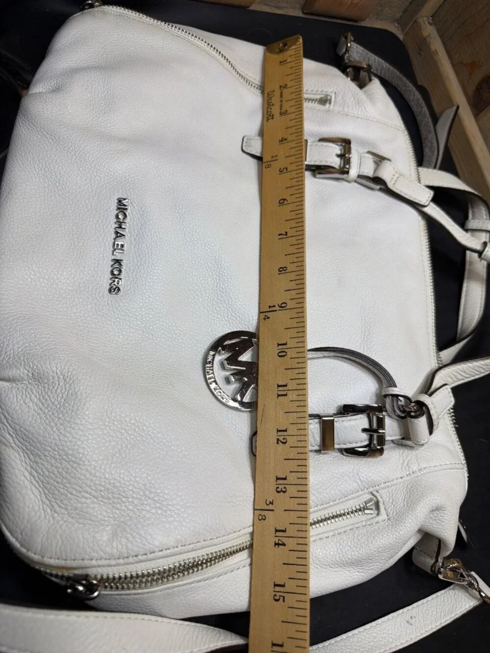 Michael Kors White Pebble Leather Large Satchel Crossbody Shoulder Bag Womens